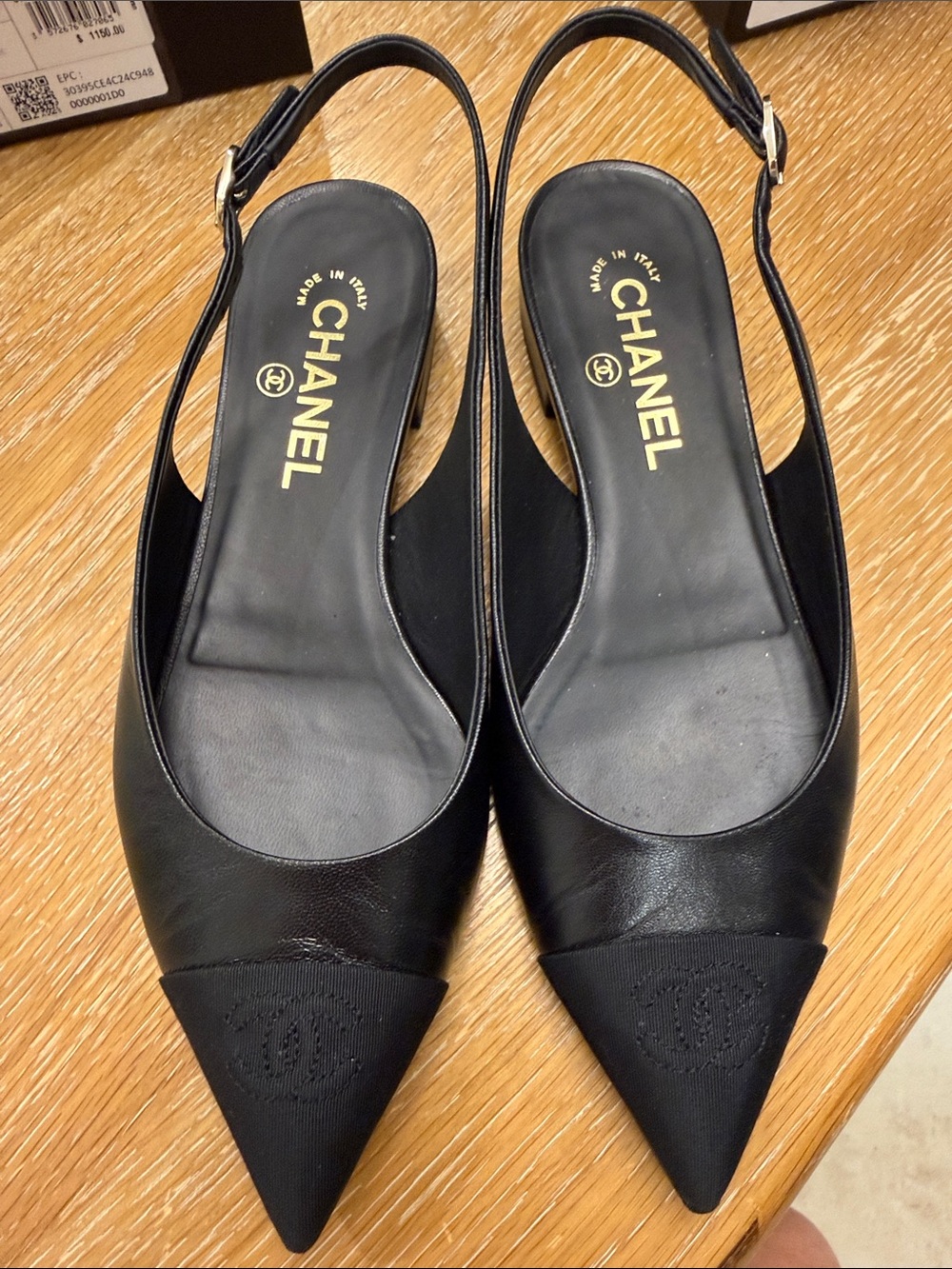 CHANEL Black Pointed Slingback Mules with CC Cap Toe